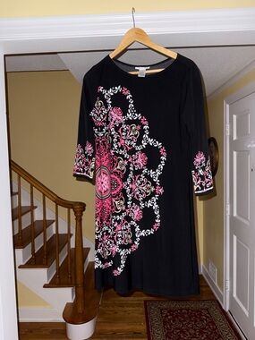 London Times Black Dress with Pink and White Medallion Print